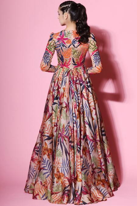 Shop_Mahima Mahajan_Beige Organza, Net Round Printed Gown_at_Aza_Fashions