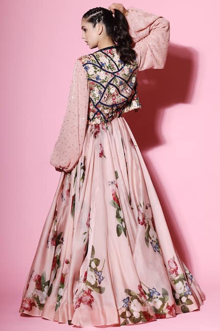 Shop Mahima Mahajan Pink Organza, Georgette, Shantoon Blouse Round, Jacket Printed Lehenga Set at Aza Fashions Shop_Mahima Mahajan_Pink Organza, Georgette, Shantoon Blouse Round, Jacket Printed Lehenga Set _at_Aza_Fashions
