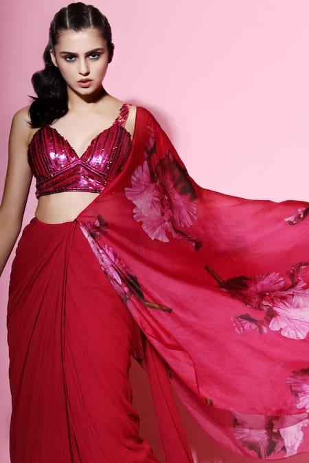 Mahima Mahajan Pink Organza, Moss Crepe, Shantoon Printed Pre-draped Saree Online at Aza Fashions Mahima Mahajan_Pink Organza, Moss Crepe, Shantoon Printed Pre-draped Saree_Online_at_Aza_Fashions