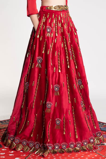 Shivan & Narresh_Red Velvet Embellished Lehenga Skirt_Online_at_Aza_Fashions