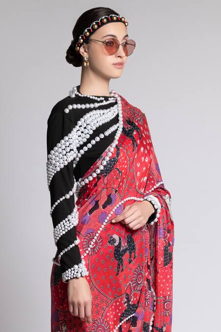 Shivan & Narresh_Crepe Tailored Printed Saree_Online_at_Aza_Fashions