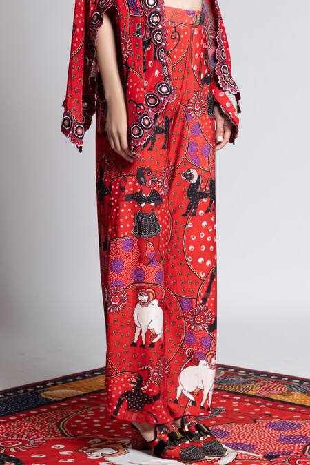 Shivan & Narresh Red Diamond Weave Jersey Printed Palazzos Online at Aza Fashions Shivan & Narresh_Red Diamond Weave Jersey Printed Palazzos_Online_at_Aza_Fashions
