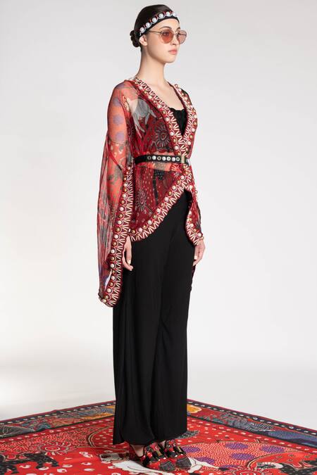 Shivan & Narresh_Red Silk Organza Printed Cape_Online_at_Aza_Fashions