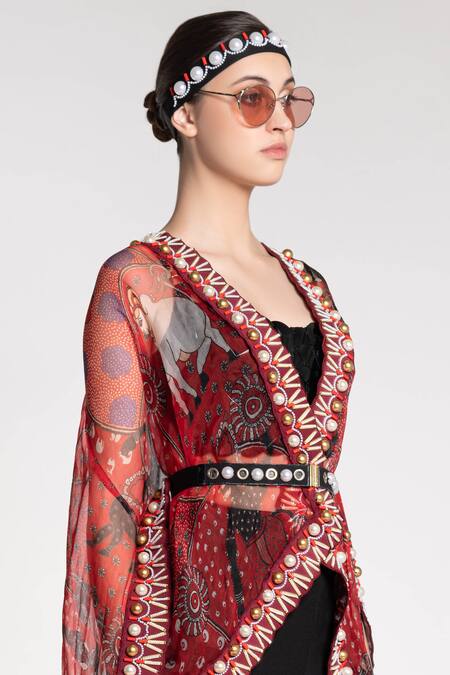 Buy_Shivan & Narresh_Red Silk Organza Printed Cape_Online_at_Aza_Fashions