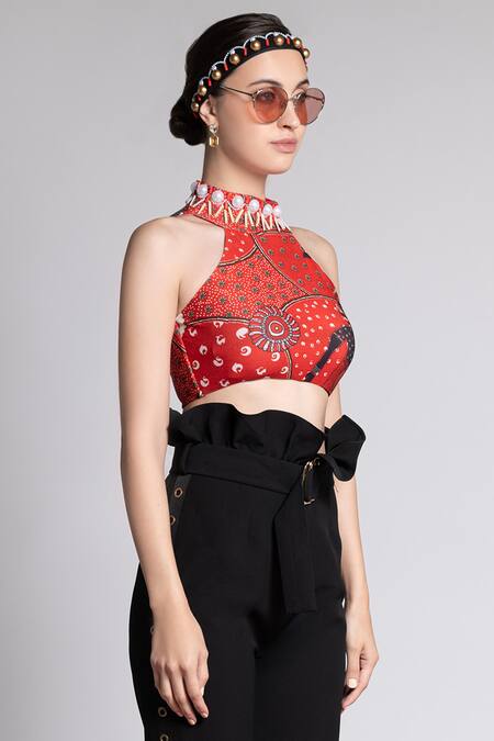 Buy_Shivan & Narresh_Red Diamond Weave Jersey Printed Crop Top_Online_at_Aza_Fashions