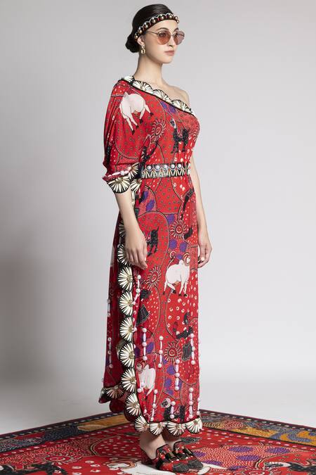 Shivan & Narresh Red Crepe Printed Kaftan