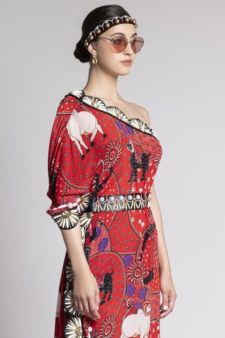 Shivan & Narresh_Red Crepe Printed Kaftan_Online_at_Aza_Fashions