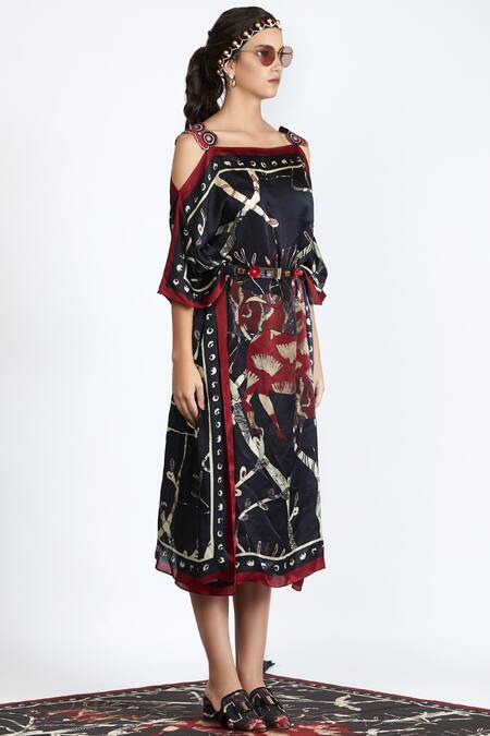 Shivan & Narresh_Black Silk Printed Dress_Online_at_Aza_Fashions