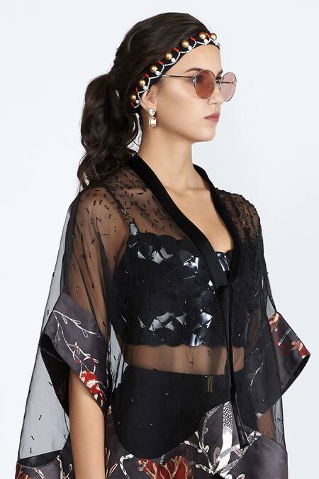 Buy_Shivan & Narresh_Black Silk Organza Cape_Online_at_Aza_Fashions