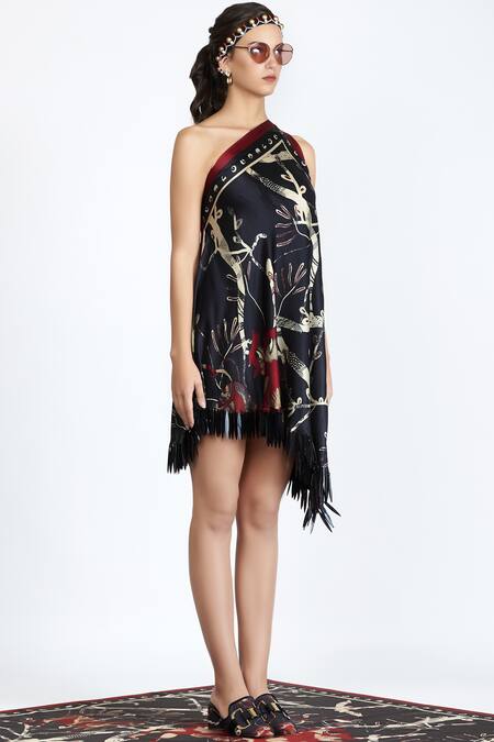 Shivan & Narresh_Black Silk Satin Printed Dress_Online_at_Aza_Fashions