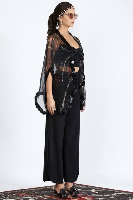 Shivan & Narresh_Black Silk Organza Printed Cape_Online_at_Aza_Fashions