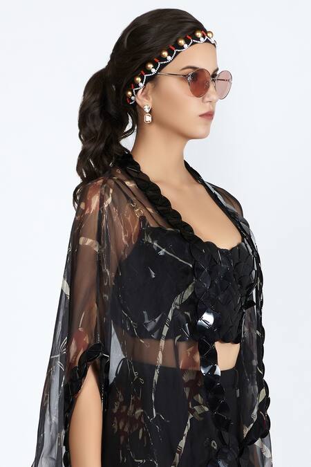 Buy_Shivan & Narresh_Black Silk Organza Printed Cape_Online_at_Aza_Fashions
