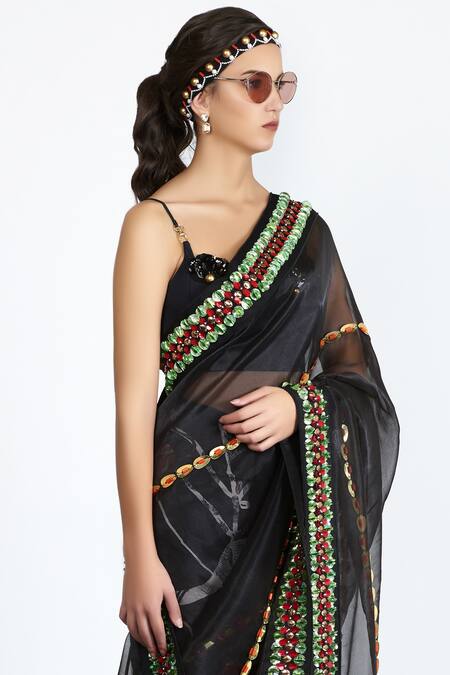Shivan & Narresh_Black Silk Organza Tailored Embellished Saree_Online_at_Aza_Fashions