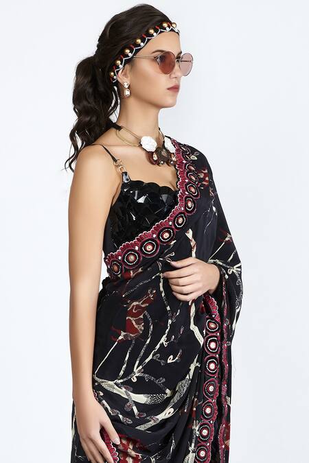 Shivan & Narresh_Black Crepe Tailored Printed Saree_Online_at_Aza_Fashions