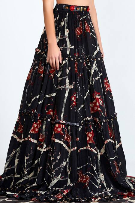 Shivan & Narresh_Black Crepe Printed Skirt_Online_at_Aza_Fashions