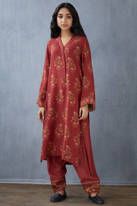 Torani Red Cotton Silk Printed Kurta