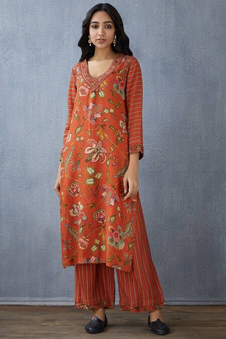 Torani Orange Cotton Silk Printed Kurta