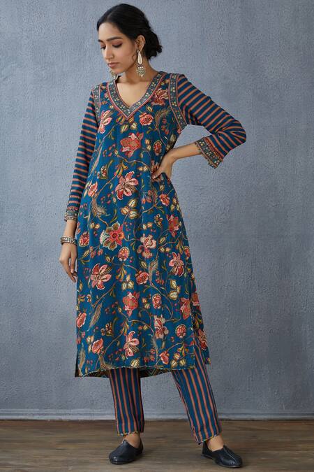 Torani Blue Cotton Silk Printed Kurta Online at Aza Fashions Torani_Blue Cotton Silk Printed Kurta_Online_at_Aza_Fashions