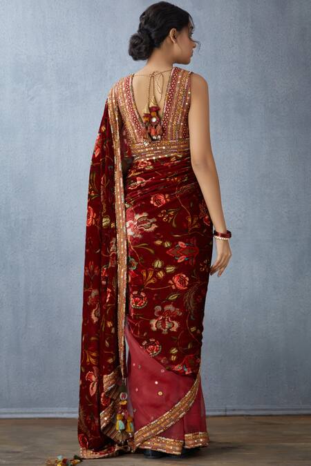Shop Torani Red Floral Print Saree at Aza Fashions Shop_Torani_Red Floral Print Saree_at_Aza_Fashions