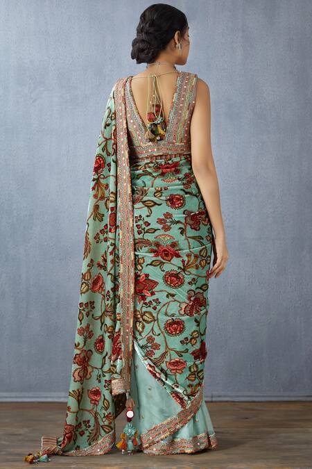 Shop Torani Blue Floral Print Saree at Aza Fashions Shop_Torani_Blue Floral Print Saree_at_Aza_Fashions