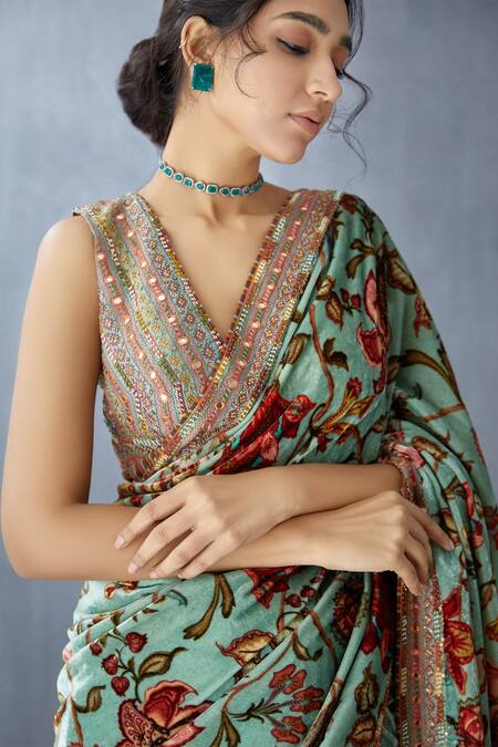 Torani Blue Floral Print Saree Online at Aza Fashions Torani_Blue Floral Print Saree_Online_at_Aza_Fashions