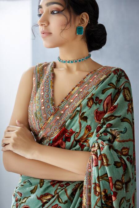 Buy Torani Blue Floral Print Saree Online at Aza Fashions Buy_Torani_Blue Floral Print Saree_Online_at_Aza_Fashions