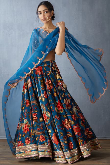 Torani Blue Silk Velvet Printed Lehenga Set