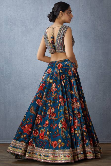 Shop Torani Blue Silk Velvet Printed Lehenga Set at Aza Fashions Shop_Torani_Blue Silk Velvet Printed Lehenga Set_at_Aza_Fashions