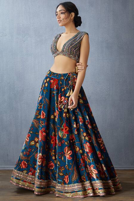 Buy Torani Blue Silk Velvet Printed Lehenga Set Online at Aza Fashions Buy_Torani_Blue Silk Velvet Printed Lehenga Set_Online_at_Aza_Fashions