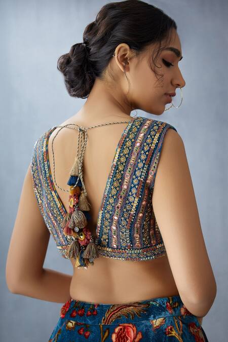 Shop Torani Blue Silk Velvet Printed Lehenga Set Online at Aza Fashions Shop_Torani_Blue Silk Velvet Printed Lehenga Set_Online_at_Aza_Fashions