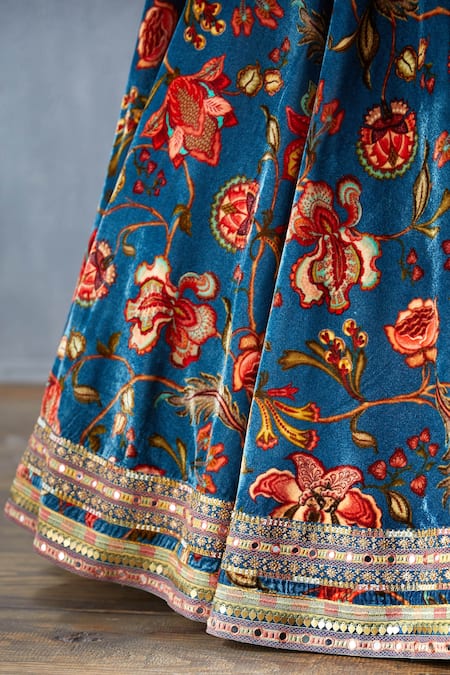Torani Blue Silk Velvet Printed Lehenga Set at Aza Fashions Torani_Blue Silk Velvet Printed Lehenga Set_at_Aza_Fashions