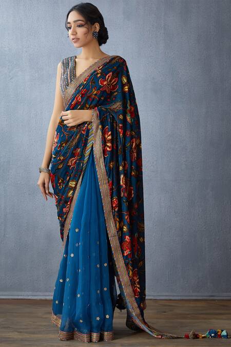 Torani Blue Embellished Silk Velvet Saree Online at Aza Fashions Torani_Blue Embellished Silk Velvet Saree_Online_at_Aza_Fashions