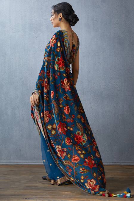 Shop Torani Blue Embellished Silk Velvet Saree at Aza Fashions Shop_Torani_Blue Embellished Silk Velvet Saree_at_Aza_Fashions