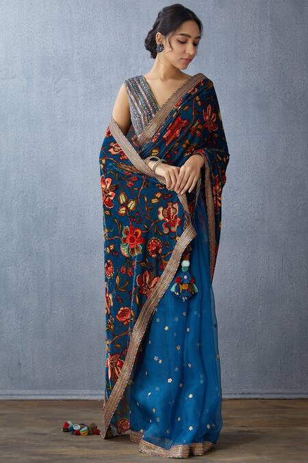 Torani Blue Embellished Silk Velvet Saree