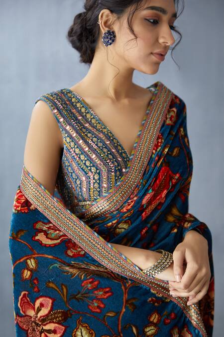 Buy Torani Blue Embellished Silk Velvet Saree Online at Aza Fashions Buy_Torani_Blue Embellished Silk Velvet Saree_Online_at_Aza_Fashions