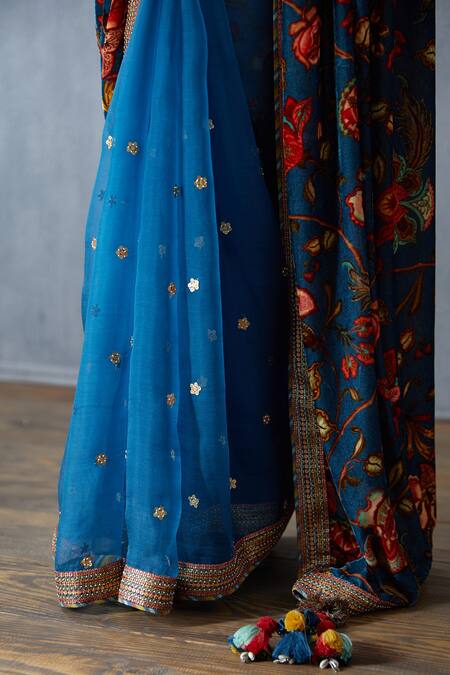 Torani Blue Embellished Silk Velvet Saree at Aza Fashions Torani_Blue Embellished Silk Velvet Saree_at_Aza_Fashions