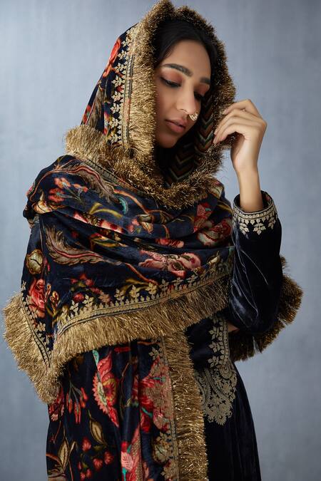 Buy_Torani_Black Silk Velvet Dupatta_Online_at_Aza_Fashions