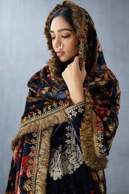 Shop_Torani_Black Silk Velvet Dupatta_Online_at_Aza_Fashions