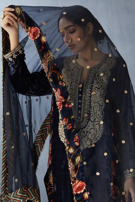 Shop_Torani_Black Embellished Silk Velvet Dupatta_Online_at_Aza_Fashions