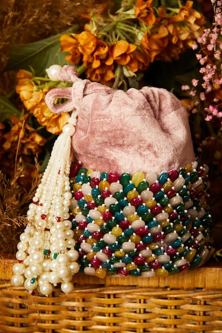 Designer Beads Studded Handcrafted Silk Potli Bag Coffee – dmsretail