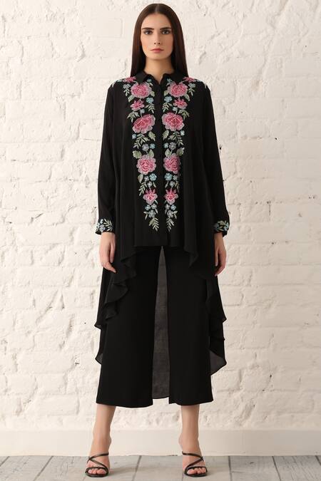 Namrata Joshipura_Black Georgette Shirt Collar Embroidered Asymmetric Tunic _Online_at_Aza_Fashions