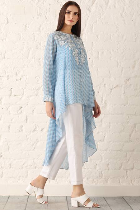 Namrata Joshipura_Blue Crepe Round Embellished Asymmetric Tunic _Online_at_Aza_Fashions