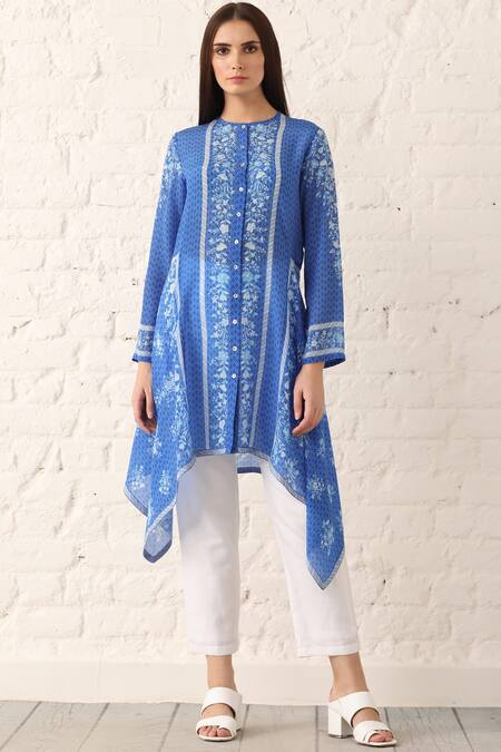 Buy_Namrata Joshipura_Blue Crepe Round Printed Tunic _Online_at_Aza_Fashions