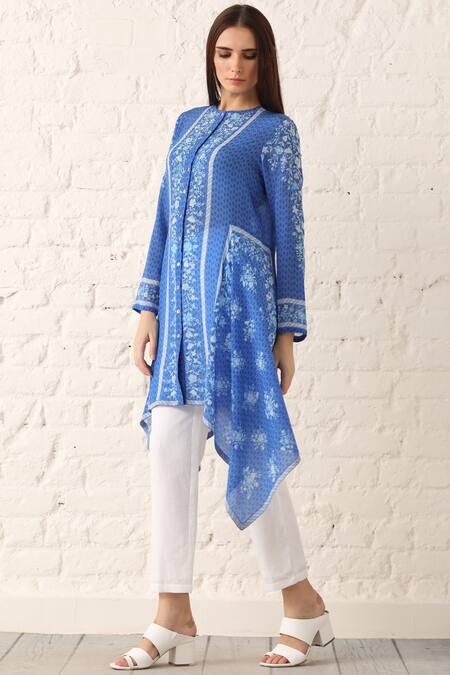 Namrata Joshipura_Blue Crepe Round Printed Tunic _Online_at_Aza_Fashions