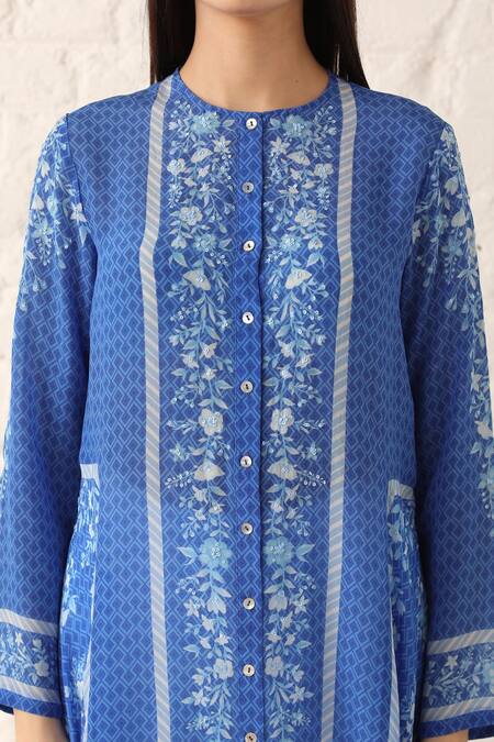 Shop_Namrata Joshipura_Blue Crepe Round Printed Tunic _Online_at_Aza_Fashions