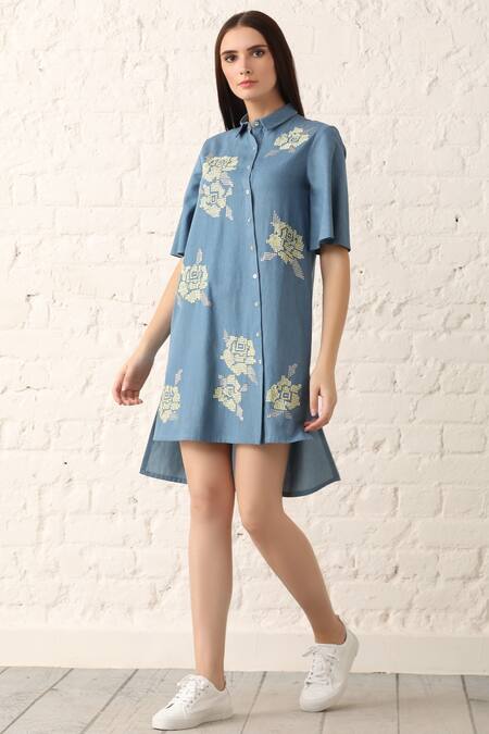 Namrata Joshipura_Blue Denim Shirt Collar Embellished Dress _Online_at_Aza_Fashions