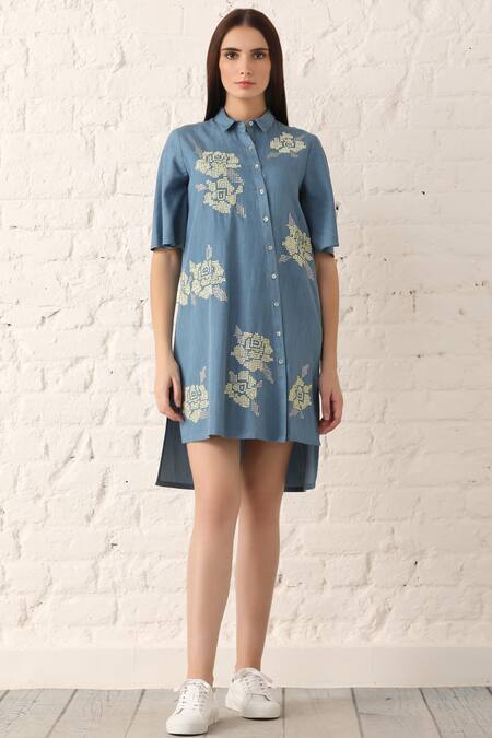 Buy_Namrata Joshipura_Blue Denim Shirt Collar Embellished Dress _Online_at_Aza_Fashions