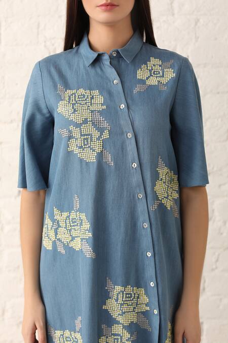 Shop_Namrata Joshipura_Blue Denim Shirt Collar Embellished Dress _Online_at_Aza_Fashions