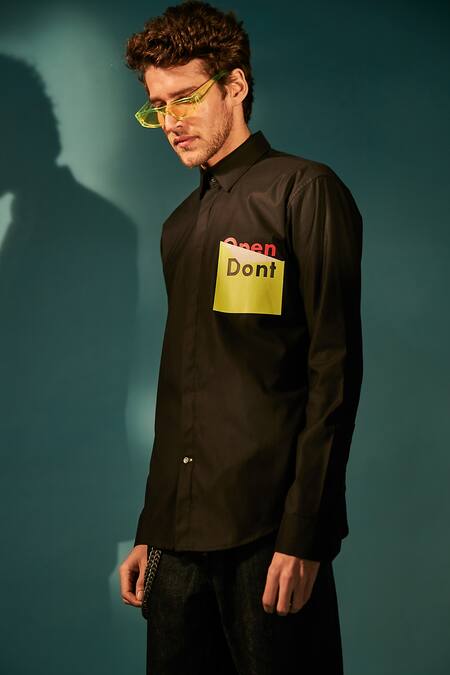 Sahil Aneja_Black Cotton Typography Print Shirt_Online_at_Aza_Fashions