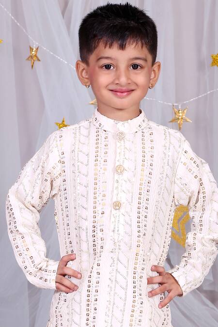 Kirti Agarwal - Pret N Couture_Off White Cotton, Silk, Georgette Embroidery Kurta Set _Online_at_Aza_Fashions